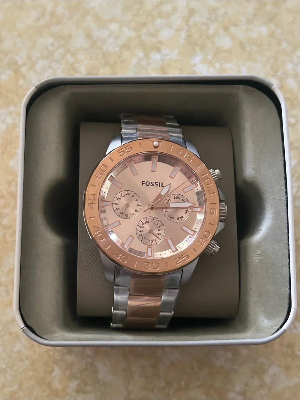 Fossil Men’s Rose Gold and Silver Two-Tone Chronograph Watch